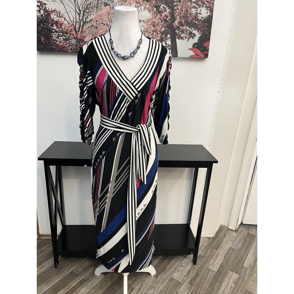 Ashley Stewart Wavy Stripe Midi Dress Size 14/16 V-Neck Pink Blue NWT $59.50